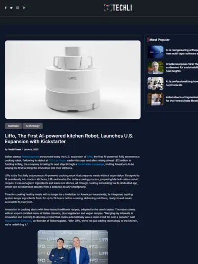 Liffo, The First AI-powered kitchen Robot, Launches U.S. Expansion with Kickstarter