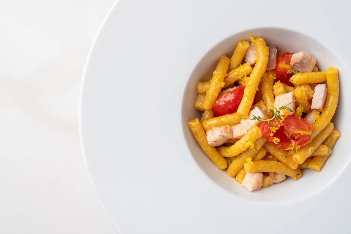 Passatelli with swordfish and cherry tomatoes
