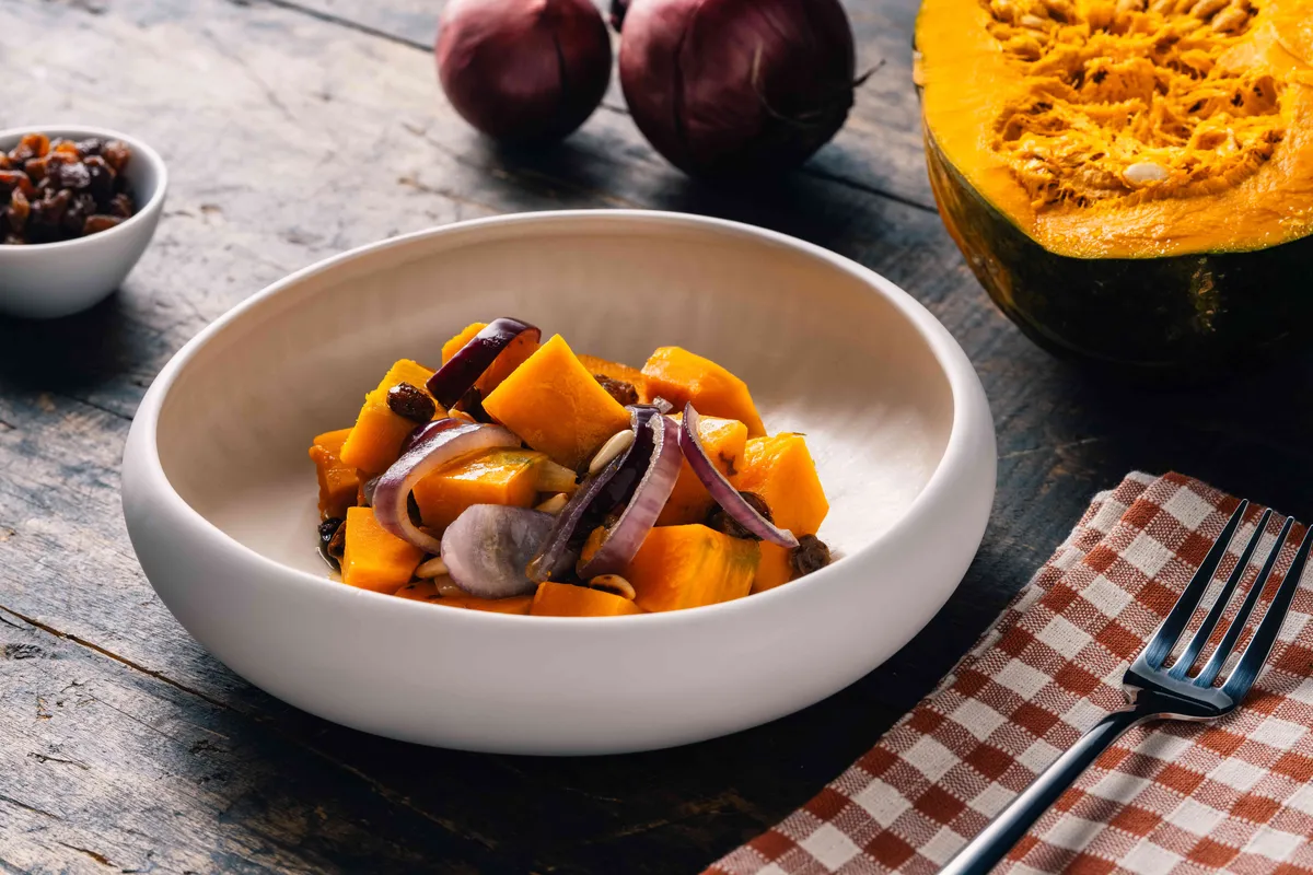 Zucca stufata con cipolla e uvetta