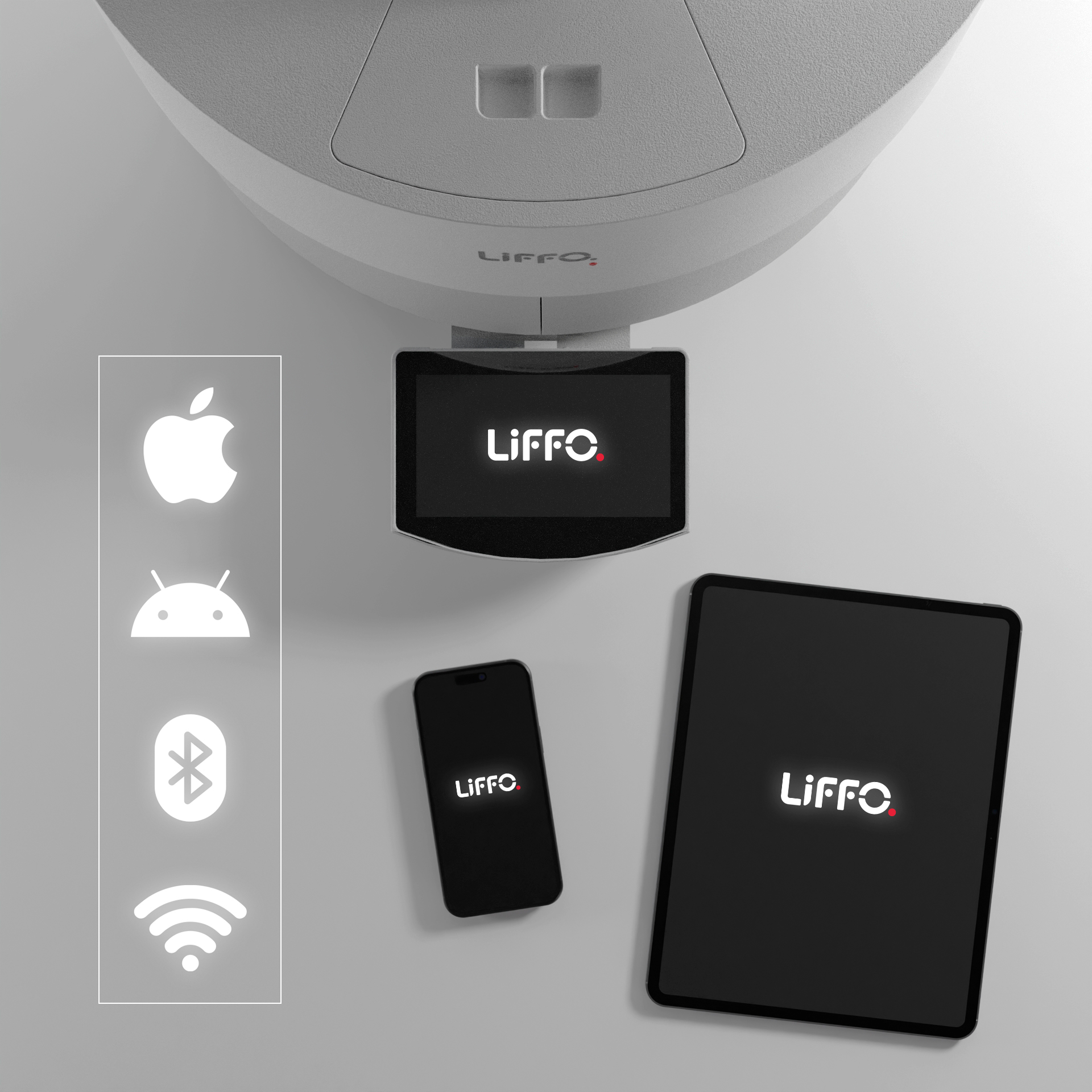 Connettività Wi-Fi e Bluetooth e aggiornamenti automatici online Android, iOS Web App per il monitoraggio e la gestione da remoto.