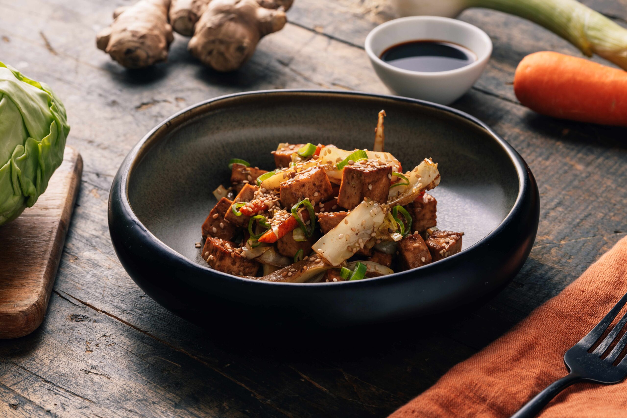Tofu and glazed vegetables