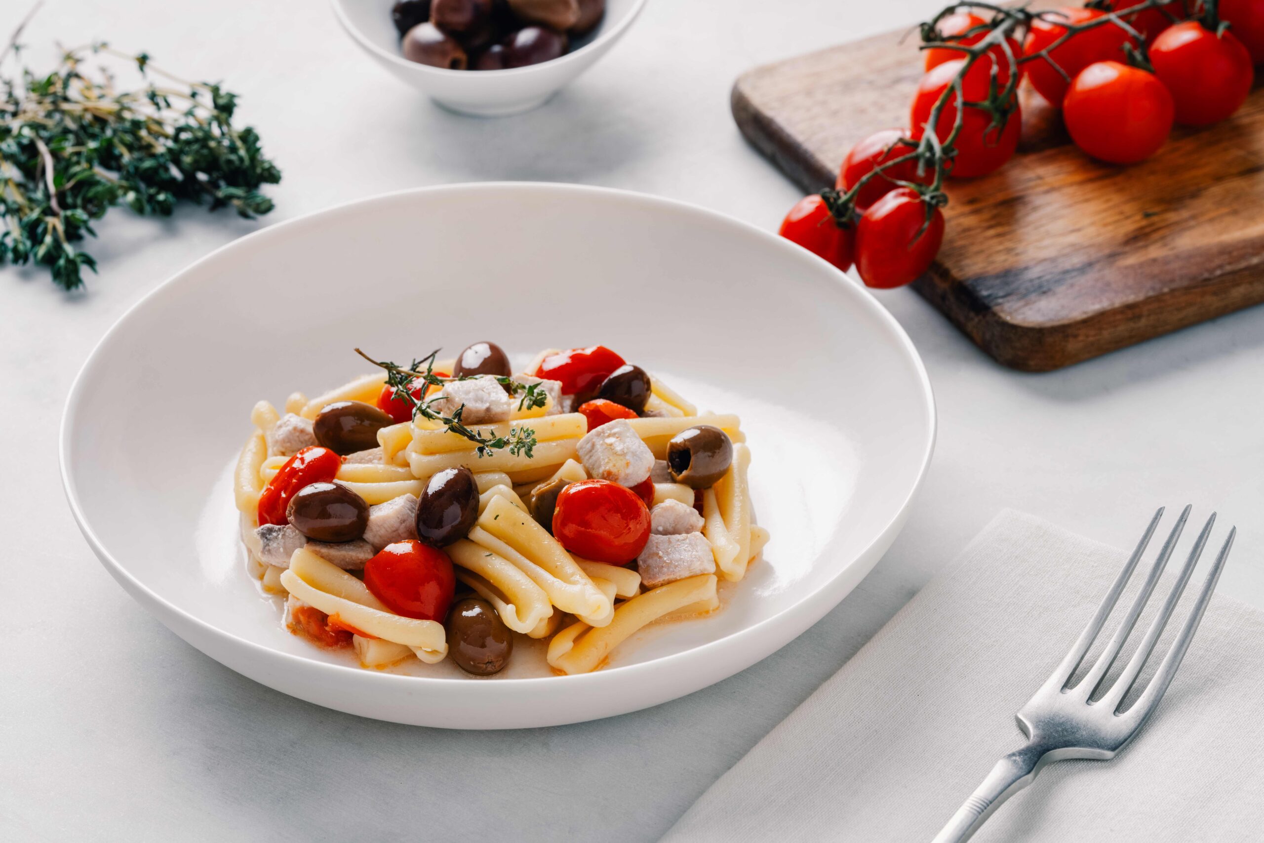 Casarecce with swordfish and cherry tomatoes