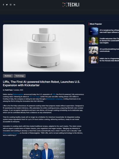 Liffo, The First AI-powered kitchen Robot, Launches U.S. Expansion with Kickstarter